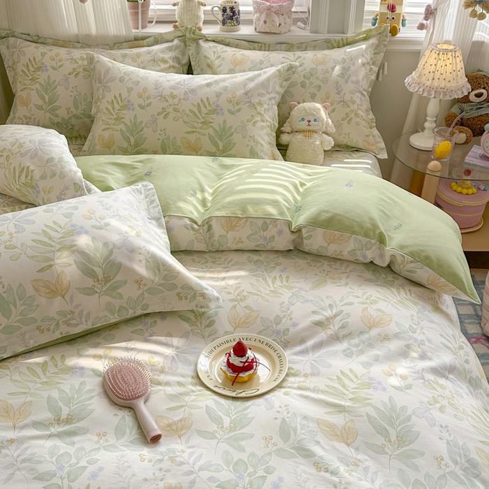 91家纺网 家纺一手货源 找家纺 绵庭家纺 2026新款全棉印花四件套 青岚叶语-绿