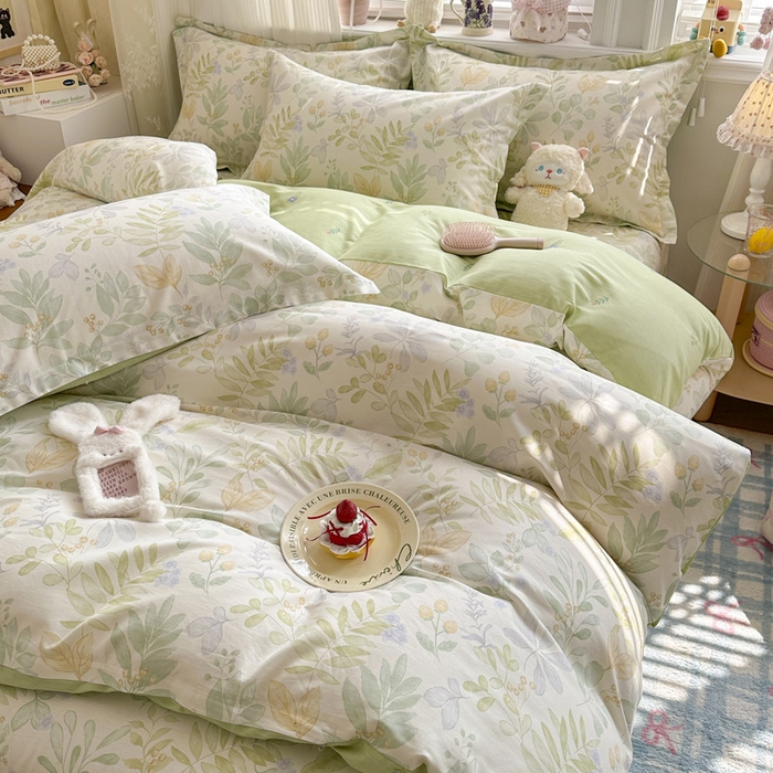 91家纺网 家纺一手货源 找家纺 绵庭家纺 2026新款全棉印花四件套 青岚叶语-绿