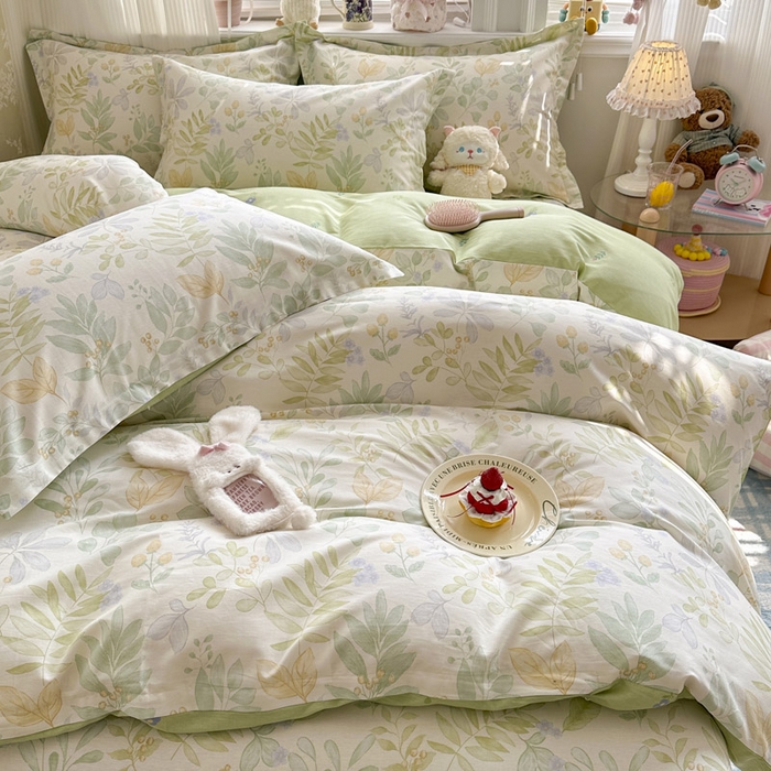 91家纺网 家纺一手货源 找家纺 绵庭家纺 2026新款全棉印花四件套 青岚叶语-绿