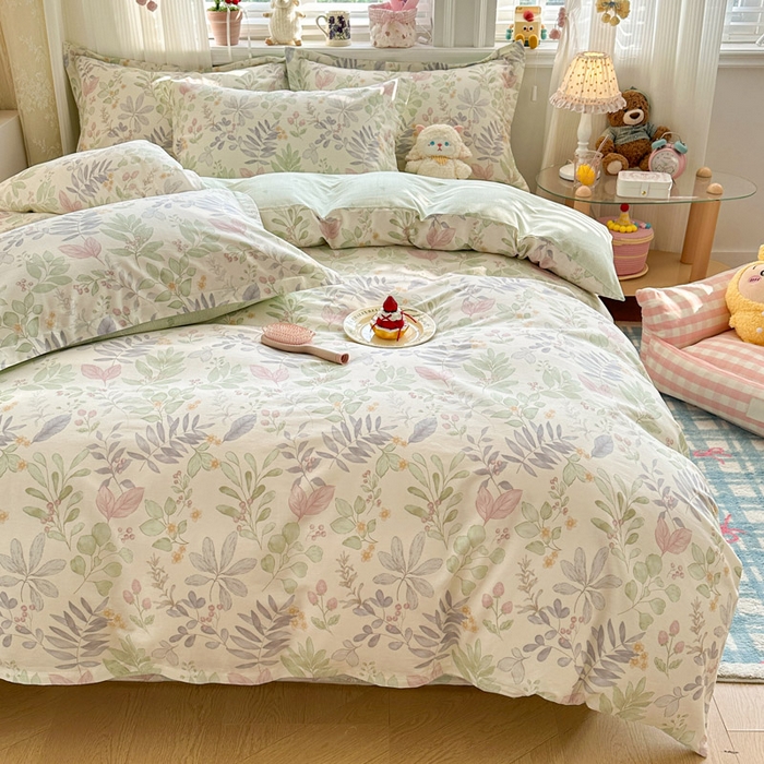 91家纺网 家纺一手货源 找家纺 绵庭家纺 2026新款全棉印花四件套 青岚叶语-紫