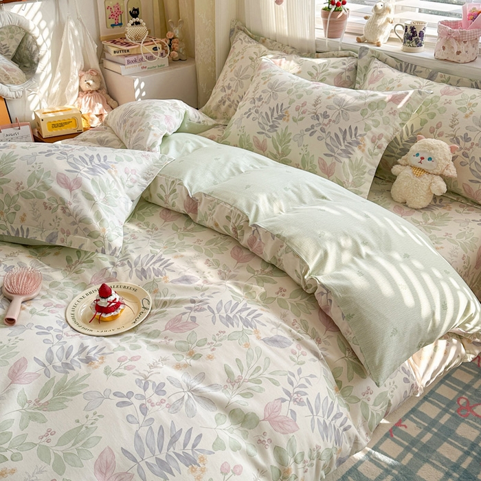 91家纺网 家纺一手货源 找家纺 绵庭家纺 2026新款全棉印花四件套 青岚叶语-紫