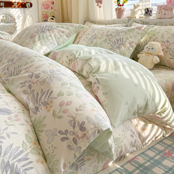 91家纺网 家纺一手货源 找家纺 绵庭家纺 2026新款全棉印花四件套 青岚叶语-紫