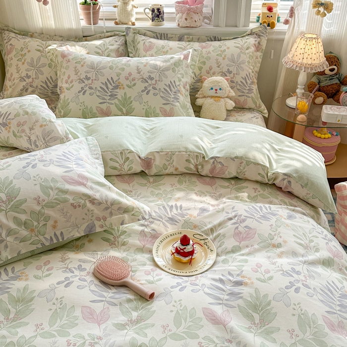 91家纺网 家纺一手货源 找家纺 绵庭家纺 2026新款全棉印花四件套 青岚叶语-紫