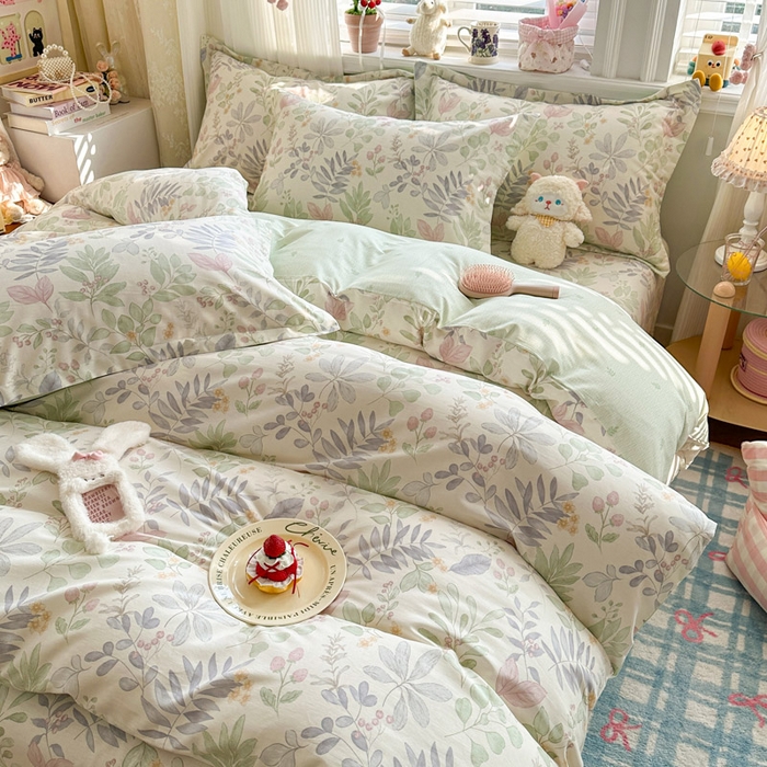 91家纺网 家纺一手货源 找家纺 绵庭家纺 2026新款全棉印花四件套 青岚叶语-紫