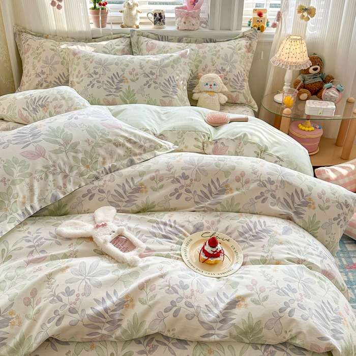 91家纺网 家纺一手货源 找家纺 绵庭家纺 2026新款全棉印花四件套 青岚叶语-紫