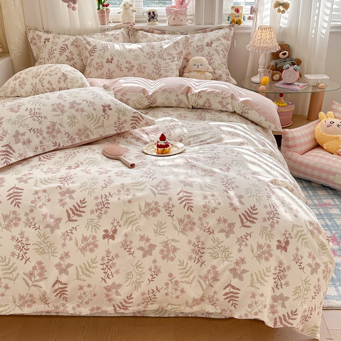 91家纺网 家纺一手货源 找家纺 绵庭家纺 2026新款全棉印花四件套 青梅温茶-粉