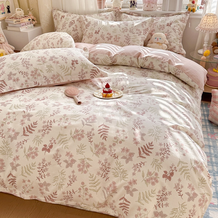 91家纺网 家纺一手货源 找家纺 绵庭家纺 2026新款全棉印花四件套 青梅温茶-粉