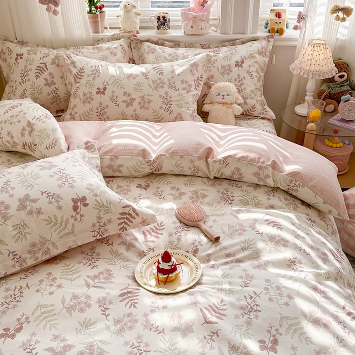91家纺网 家纺一手货源 找家纺 绵庭家纺 2026新款全棉印花四件套 青梅温茶-粉