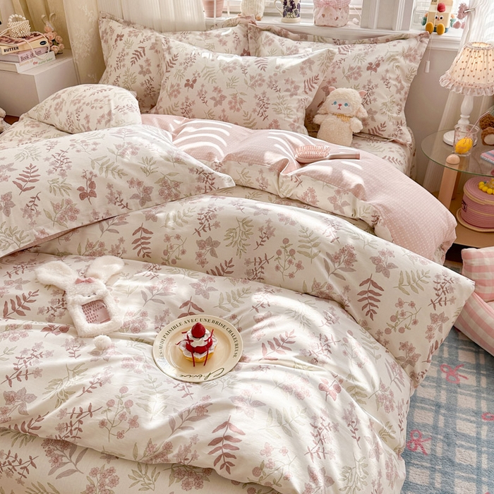 91家纺网 家纺一手货源 找家纺 绵庭家纺 2026新款全棉印花四件套 青梅温茶-粉