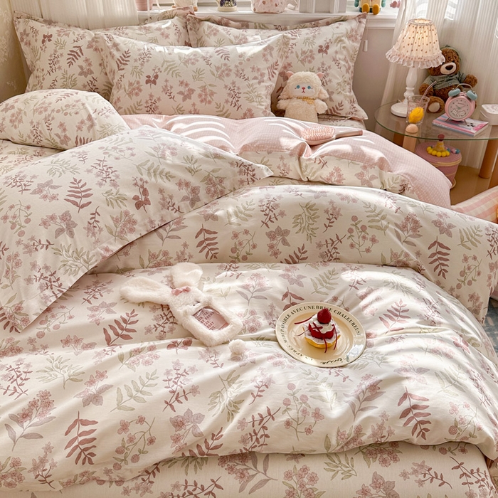 91家纺网 家纺一手货源 找家纺 绵庭家纺 2026新款全棉印花四件套 青梅温茶-粉