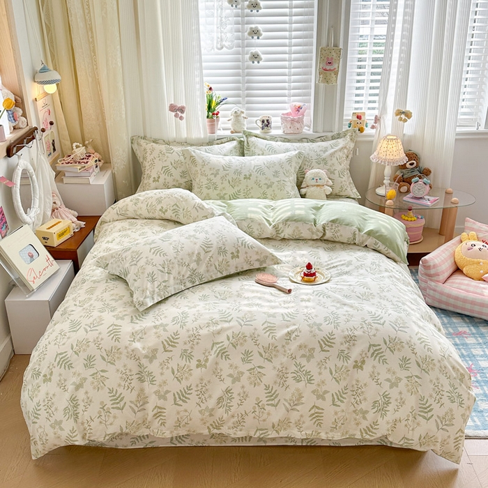 绵庭家纺 2026新款全棉印花四件套 青梅温茶-绿
