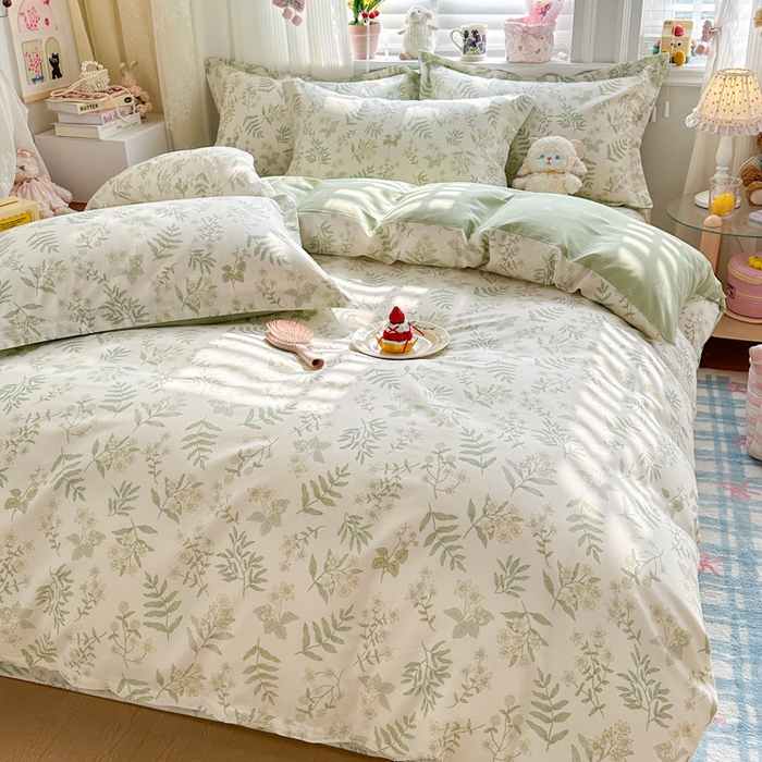 91家纺网 家纺一手货源 找家纺 绵庭家纺 2026新款全棉印花四件套 青梅温茶-绿