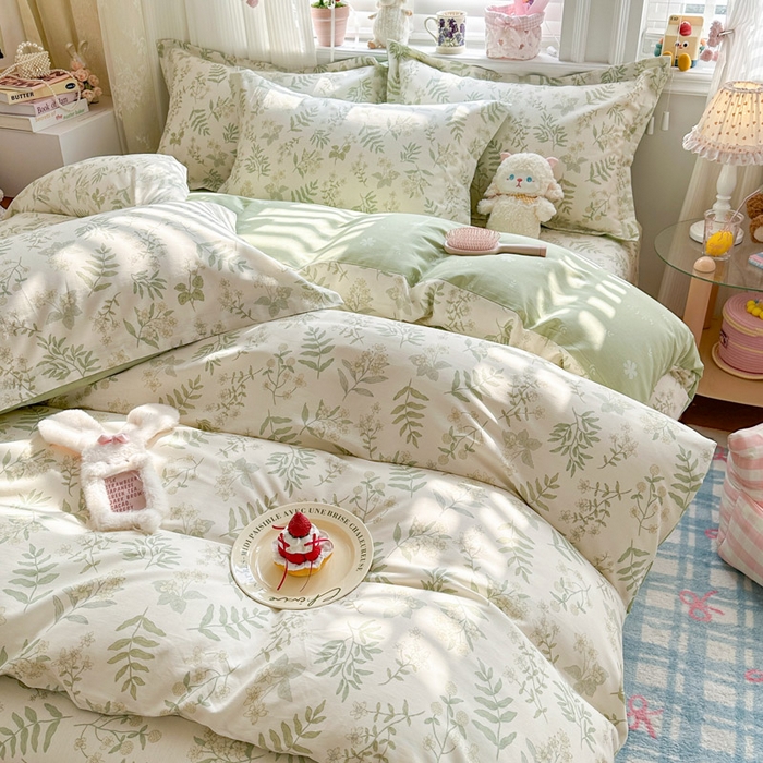 91家纺网 家纺一手货源 找家纺 绵庭家纺 2026新款全棉印花四件套 青梅温茶-绿