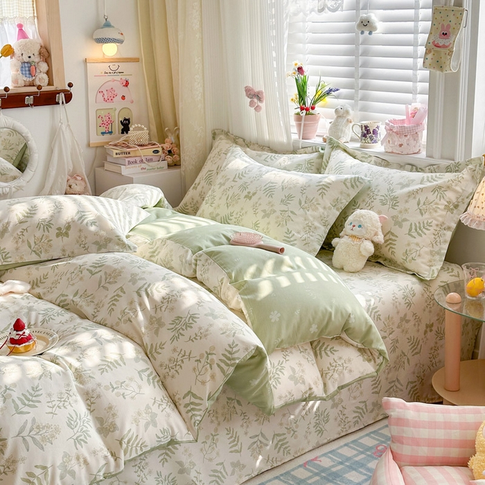 91家纺网 家纺一手货源 找家纺 绵庭家纺 2026新款全棉印花四件套 青梅温茶-绿
