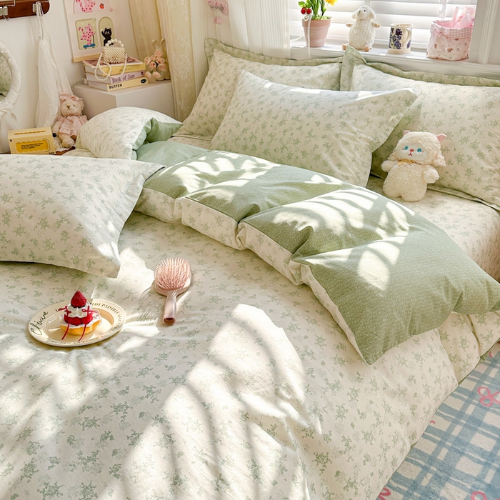 91家纺网 家纺一手货源 找家纺 绵庭家纺 2026新款全棉印花四件套 清清文絮-绿