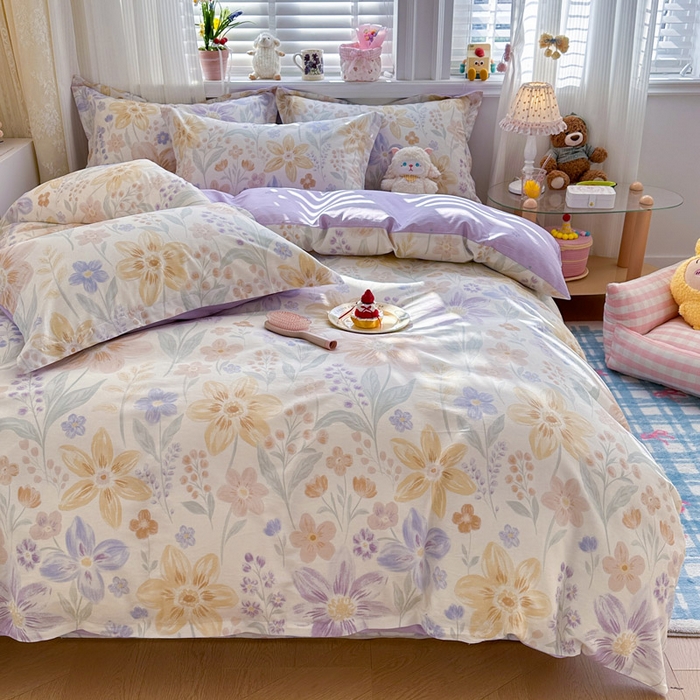 91家纺网 家纺一手货源 找家纺 绵庭家纺 2026新款全棉印花四件套 柔色花笺