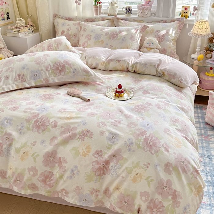 91家纺网 家纺一手货源 找家纺 绵庭家纺 2026新款全棉印花四件套 雾里浅花