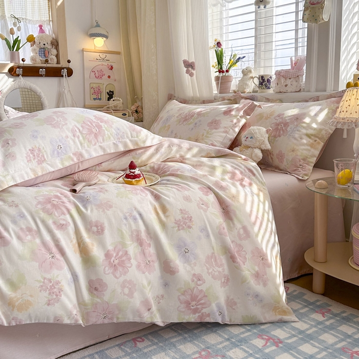 91家纺网 家纺一手货源 找家纺 绵庭家纺 2026新款全棉印花四件套 雾里浅花