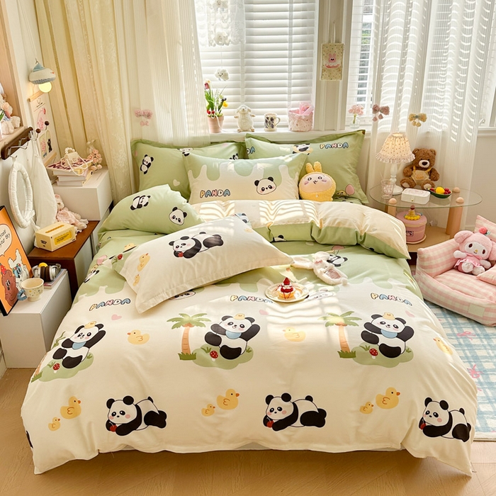绵庭家纺 2026新款全棉印花四件套 熊猫鸭鸭乐-绿