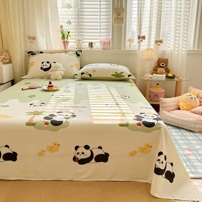 91家纺网 家纺一手货源 找家纺 绵庭家纺 2026新款全棉印花四件套 熊猫鸭鸭乐-绿