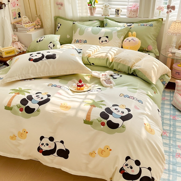 91家纺网 家纺一手货源 找家纺 绵庭家纺 2026新款全棉印花四件套 熊猫鸭鸭乐-绿