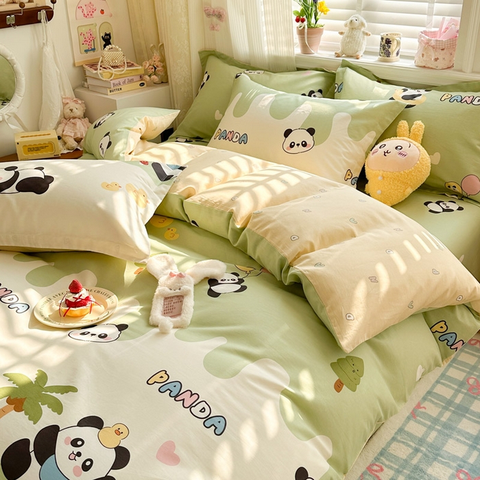 91家纺网 家纺一手货源 找家纺 绵庭家纺 2026新款全棉印花四件套 熊猫鸭鸭乐-绿