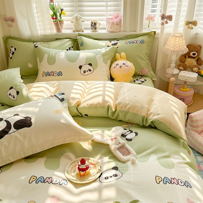 91家纺网 家纺一手货源 找家纺 绵庭家纺 2026新款全棉印花四件套 熊猫鸭鸭乐-绿