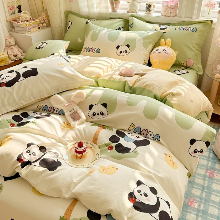 91家纺网 家纺一手货源 找家纺 绵庭家纺 2026新款全棉印花四件套 熊猫鸭鸭乐-绿
