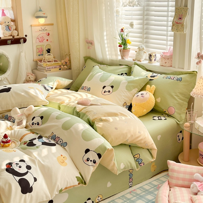 91家纺网 家纺一手货源 找家纺 绵庭家纺 2026新款全棉印花四件套 熊猫鸭鸭乐-绿