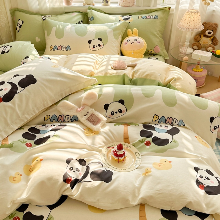 91家纺网 家纺一手货源 找家纺 绵庭家纺 2026新款全棉印花四件套 熊猫鸭鸭乐-绿