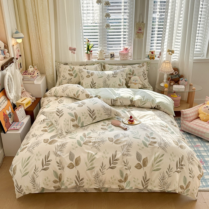 绵庭家纺 2026新款全棉印花四件套 叶语轻喃-绿