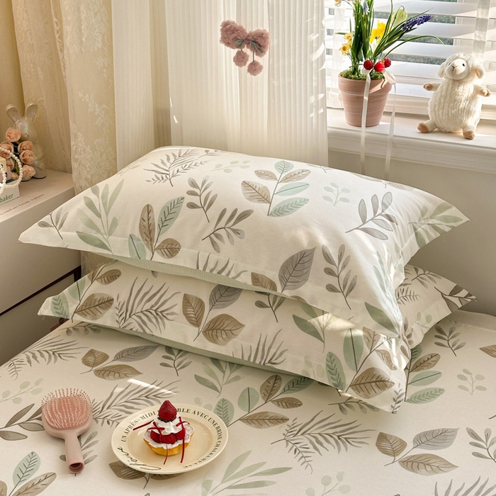 91家纺网 家纺一手货源 找家纺 绵庭家纺 2026新款全棉印花四件套 叶语轻喃-绿