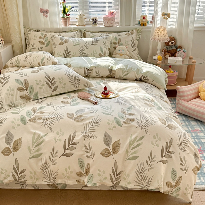 91家纺网 家纺一手货源 找家纺 绵庭家纺 2026新款全棉印花四件套 叶语轻喃-绿