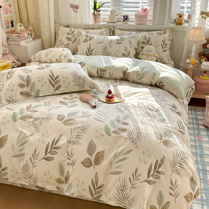 91家纺网 家纺一手货源 找家纺 绵庭家纺 2026新款全棉印花四件套 叶语轻喃-绿