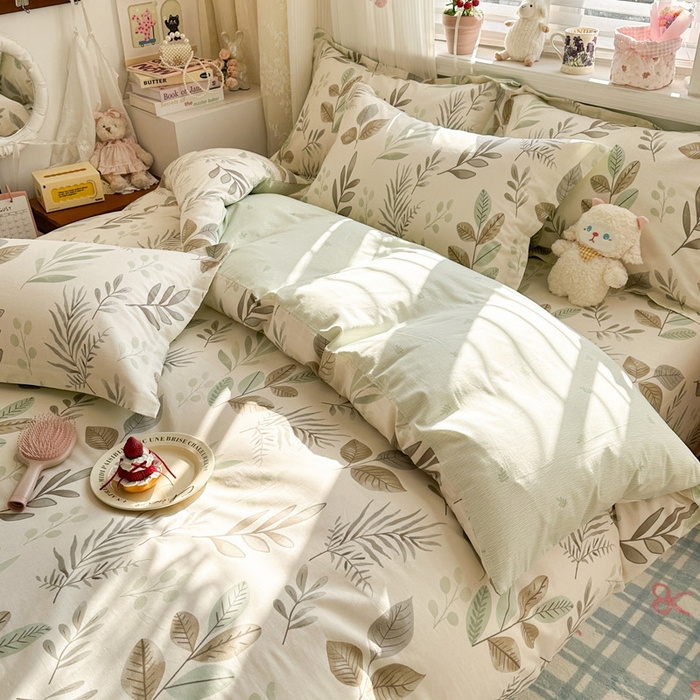 91家纺网 家纺一手货源 找家纺 绵庭家纺 2026新款全棉印花四件套 叶语轻喃-绿