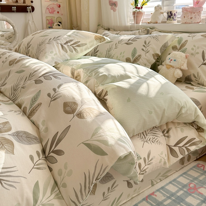 91家纺网 家纺一手货源 找家纺 绵庭家纺 2026新款全棉印花四件套 叶语轻喃-绿