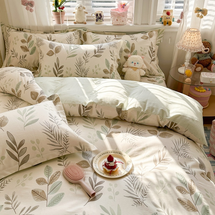 91家纺网 家纺一手货源 找家纺 绵庭家纺 2026新款全棉印花四件套 叶语轻喃-绿