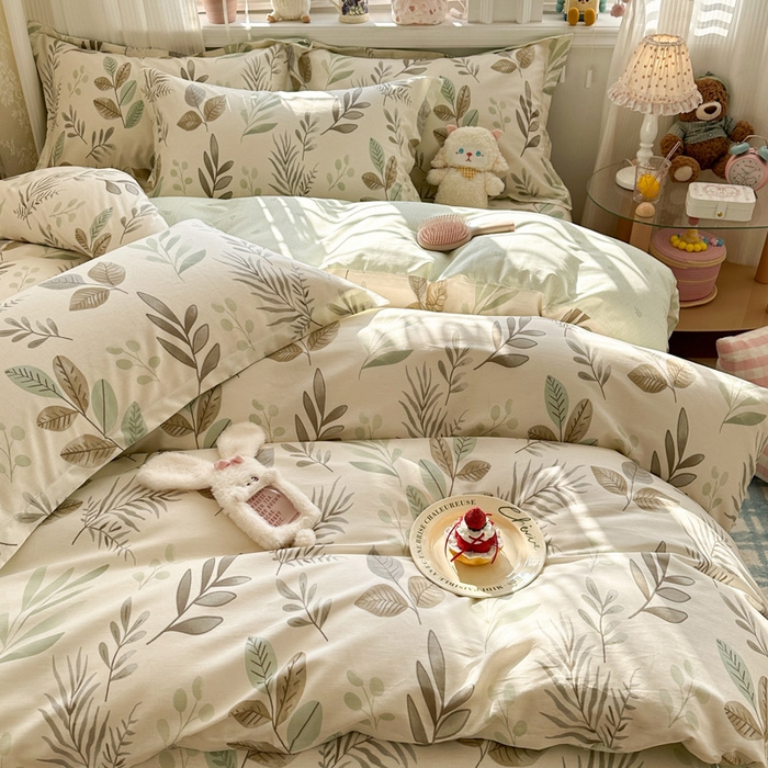 91家纺网 家纺一手货源 找家纺 绵庭家纺 2026新款全棉印花四件套 叶语轻喃-绿