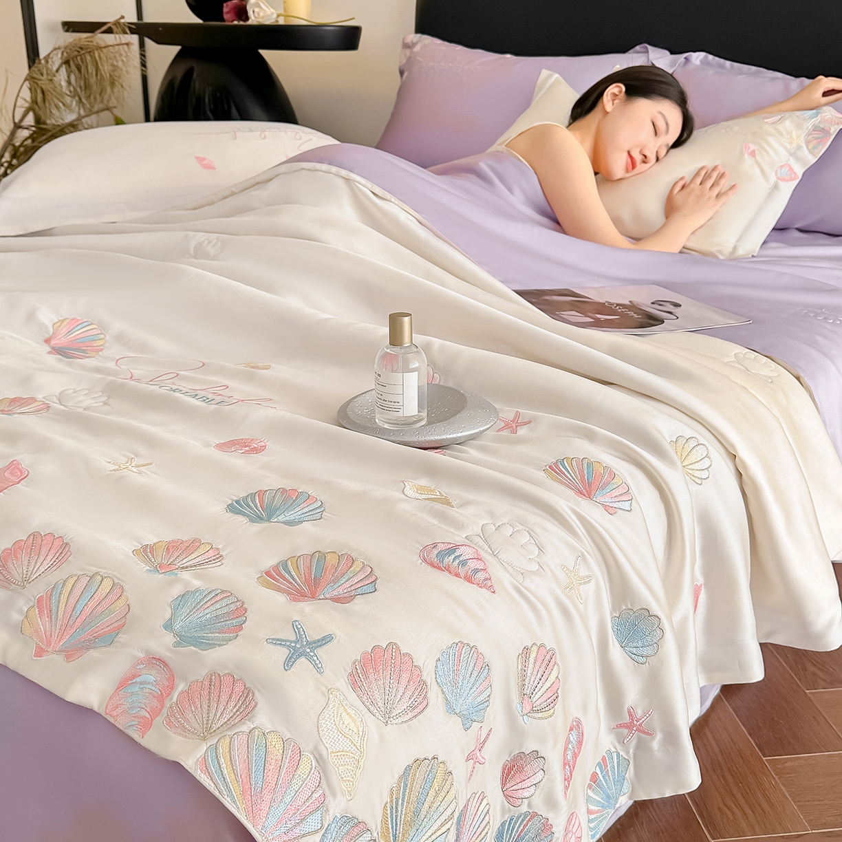 置顶家纺 2026新款水洗天丝夏被四件套-海洋之星 海洋之星-白+香芋紫
