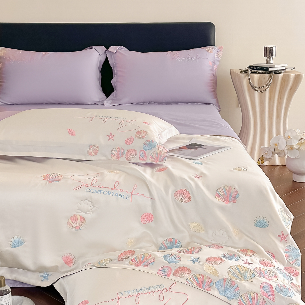 91家纺网 家纺一手货源 找家纺 置顶家纺 2026新款水洗天丝夏被四件套-海洋之星 海洋之星-白+香芋紫