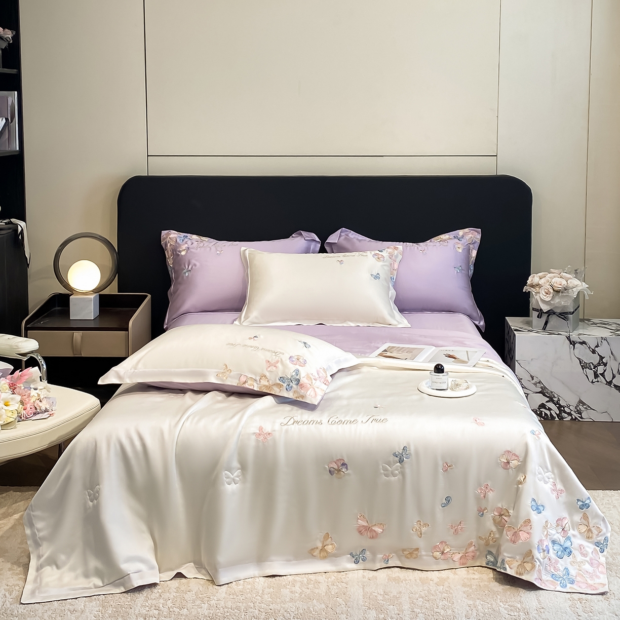 91家纺网 家纺一手货源 找家纺 置顶家纺 2026新款水洗天丝夏被四件套-花不尽 花不尽-白+香芋紫