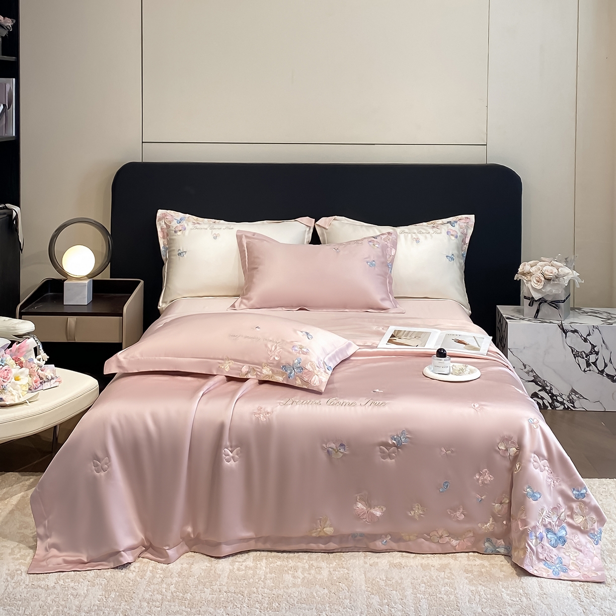 91家纺网 家纺一手货源 找家纺 置顶家纺 2026新款水洗天丝夏被四件套-花不尽 花不尽-豆紫