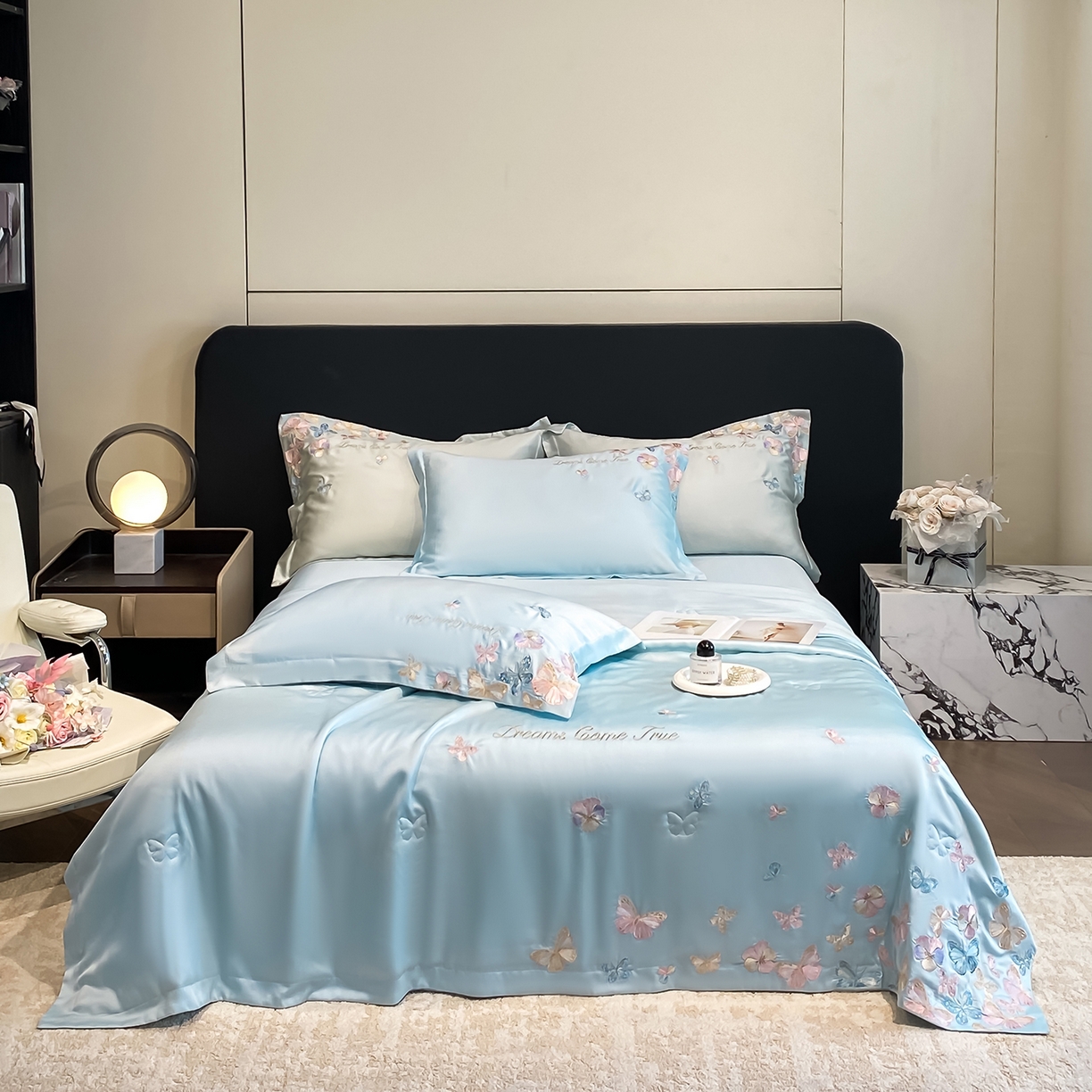 91家纺网 家纺一手货源 找家纺 置顶家纺 2026新款水洗天丝夏被四件套-花不尽 花不尽-天蓝