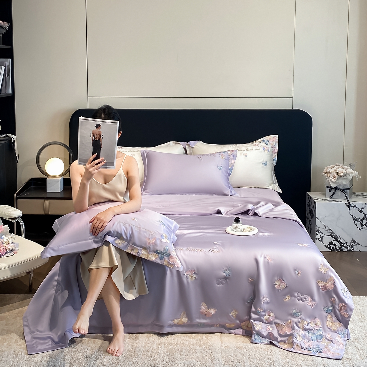 91家纺网 家纺一手货源 找家纺 置顶家纺 2026新款水洗天丝夏被四件套-花不尽 花不尽-香芋紫