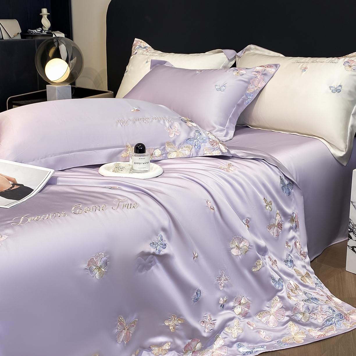 91家纺网 家纺一手货源 找家纺 置顶家纺 2026新款水洗天丝夏被四件套-花不尽 花不尽-香芋紫