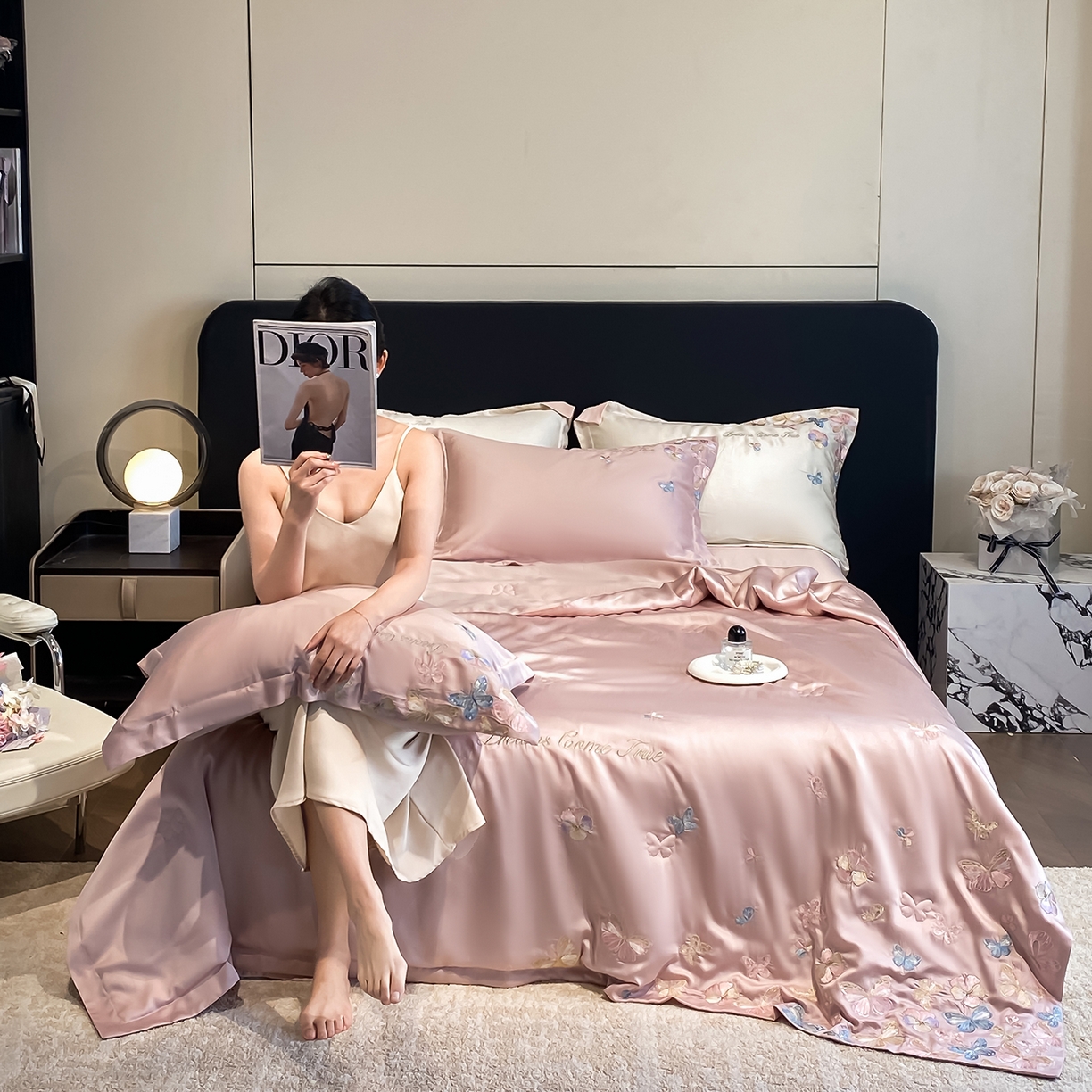 91家纺网 家纺一手货源 找家纺 置顶家纺 2026新款水洗天丝夏被四件套-花不尽 花不尽-豆紫