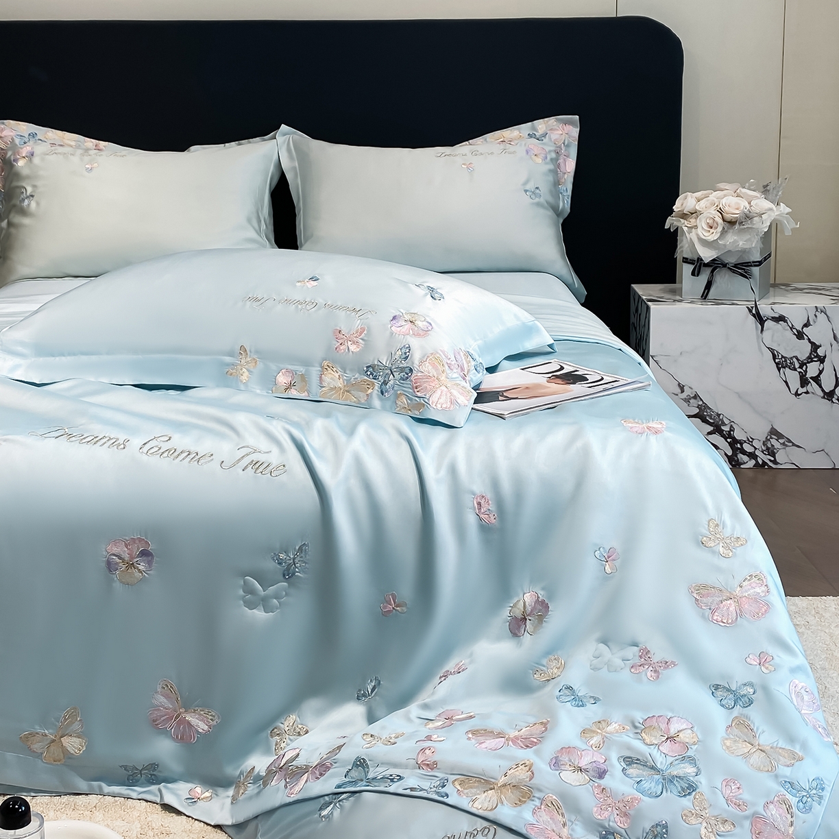 91家纺网 家纺一手货源 找家纺 置顶家纺 2026新款水洗天丝夏被四件套-花不尽 花不尽-天蓝