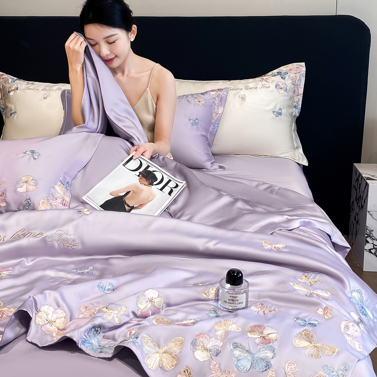 91家纺网 家纺一手货源 找家纺 置顶家纺 2026新款水洗天丝夏被四件套-花不尽 花不尽-香芋紫