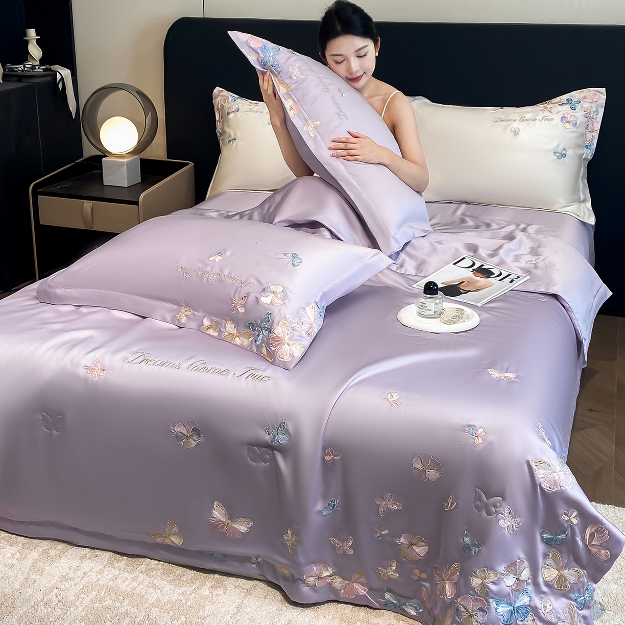 91家纺网 家纺一手货源 找家纺 置顶家纺 2026新款水洗天丝夏被四件套-花不尽 花不尽-香芋紫