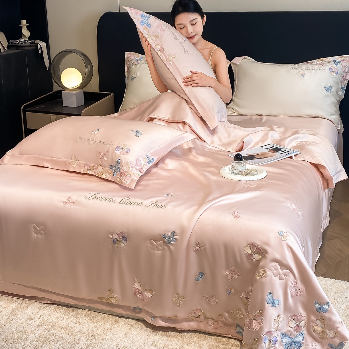 91家纺网 家纺一手货源 找家纺 置顶家纺 2026新款水洗天丝夏被四件套-花不尽 花不尽-粉